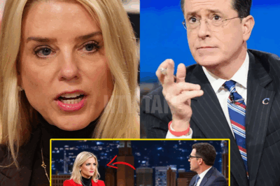 JUST IN: Pam Bondi FIRES BACK on Stephen Colbert’s Show—One Sentence Left the Studio in SHOCK! In a jaw-dropping moment on The Late Show, Pam Bondi unleashed a fiery response to Stephen Colbert’s pointed accusations, leaving the audience stunned. The tension escalated rapidly, culminating in Bondi’s unexpected exit from the set. The incident has since gone viral, sparking widespread debate online.