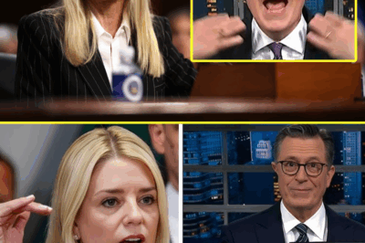 Pam Bondi didn’t just appear on The Late Show—she dominated it. In a jaw-dropping moment that had both the audience and Stephen Colbert stunned, Bondi fired back with a brutal one-liner that completely shifted the tone of the show. Colbert, known for his sharp comebacks, was speechless. Cameras captured the panic behind the scenes as producers rushed to salvage the segment. Viewers at home couldn’t believe what they were…