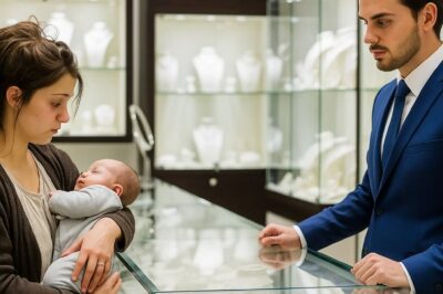 She stood trembling at the jewelry counter, clutching a sleeping baby and a worn velvet ring box. Her eyes, hollow with exhaustion, met the jeweler’s.
