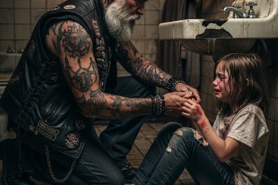 An old biker found a little girl hiding in the restaurant bathroom at midnight, bruised and terrified, begging him not to tell her stepfather where she was.