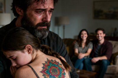 When I went to my ex-wife’s house to pick up our daughter, I noticed red marks on her back. Her new boyfriend just laughed and said, “They’re just little marks.” I smiled and replied, “Thank you… that helps me more than you think.” The girl didn’t want to take off her hoodie, but my ex ended up lifting the garment. Then I saw it: a massive mandala tattooed on her back. “She said she wanted to look strong, like in the movies,” my ex commented as if it were no big deal. But what happened next… was something I never imagined.