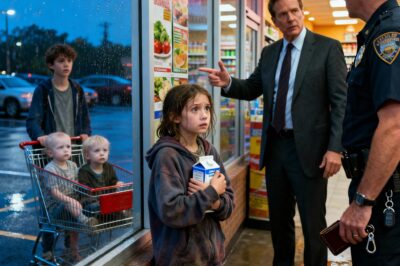 A homeless little girl was reported to the police by a store manager for stealing a box of milk for her two younger siblings, who were crying weakly from hunger — suddenly, a millionaire who witnessed the scene stepped forward…