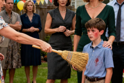 My ex-husband showed up at our son’s birthday party with his new wife. She handed my boy a broom and said, “Go help your mother clean, that’s what you’re supposed to do.” My son looked at me, his cheeks burning with shame. I didn’t say a word… not until he unwrapped her last gift. And the second she saw what was inside, she went pale.