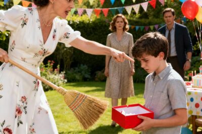 My ex-husband showed up at our son’s birthday party with his new wife. She handed my boy a broom and said, “Go help your mother clean, that’s what you’re supposed to do.” My son looked at me, his cheeks burning with shame. I didn’t say a word… not until he unwrapped her last gift. And the moment she saw what was inside, she went completely pale.